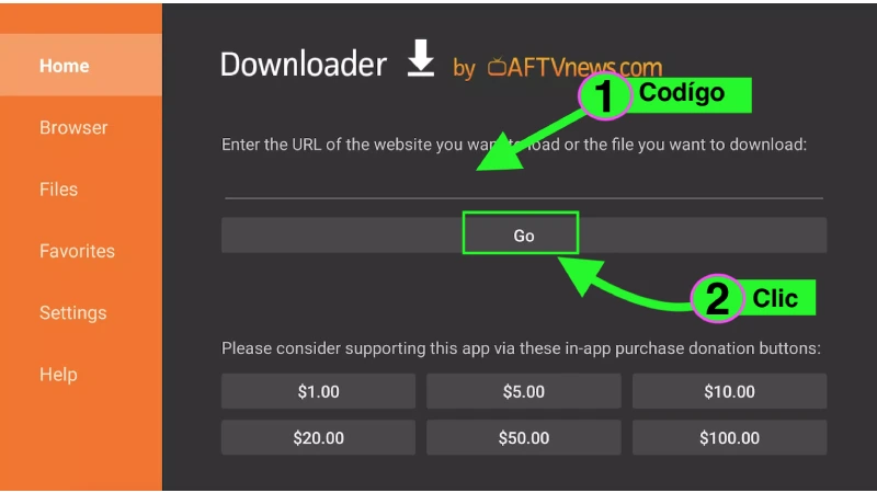 Pantalla de Downloader con el código ingresado